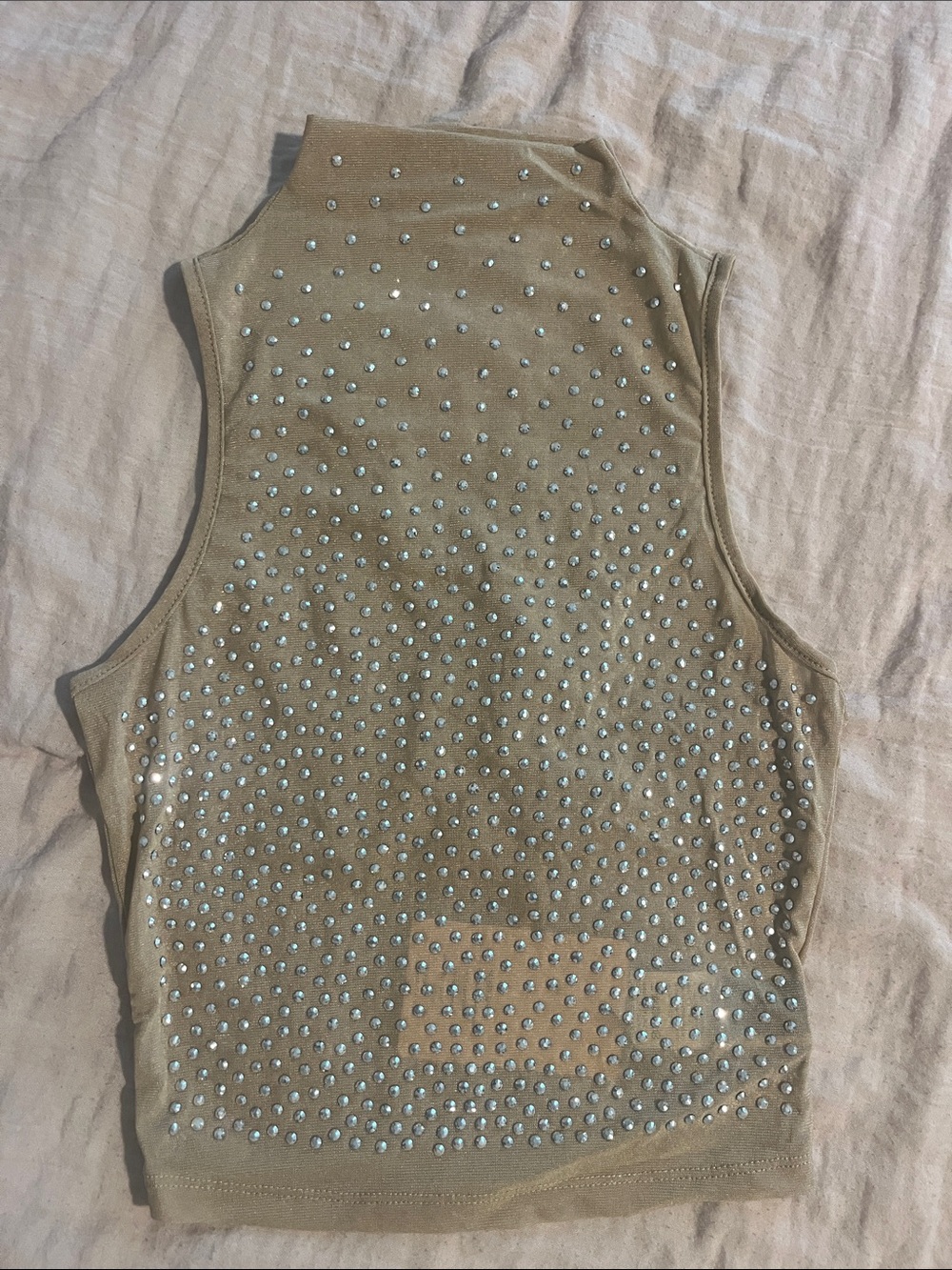 SHEIN Beige Rhinestone Mesh High Neck Tank Top
